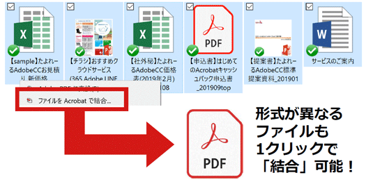 複数の形式が異なるデータ（PDF、Excel、Wordなど）も１クリックで結合